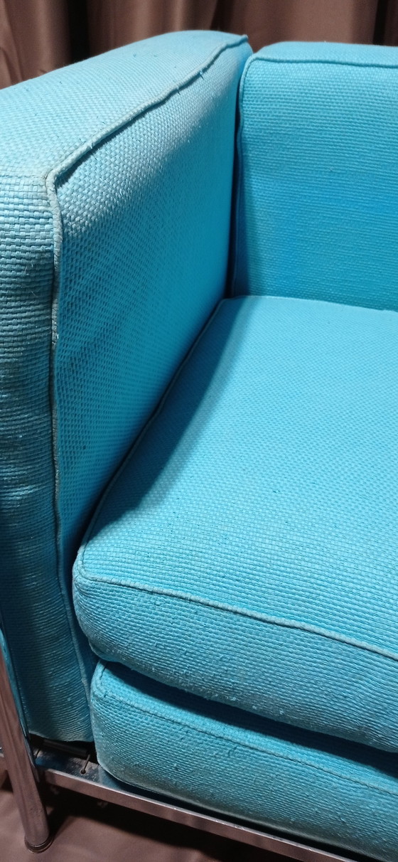 Image 1 of ALIVAR MVSEUM 2 set van 2 Celeste (Turquoise) Geribbeld Katoen LC 2 Fauteuils van Le Corbusier, P. Jeanneret, C. Perriand uit 19