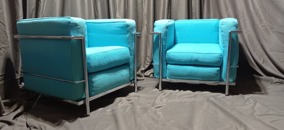 Image 1 of ALIVAR MVSEUM 2 set van 2 Celeste (Turquoise) Geribbeld Katoen LC 2 Fauteuils van Le Corbusier, P. Jeanneret, C. Perriand uit 19