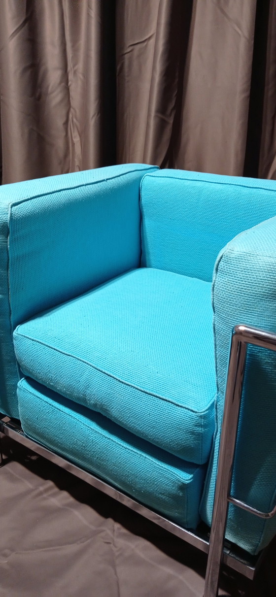 Image 1 of ALIVAR MVSEUM 2 set van 2 Celeste (Turquoise) Geribbeld Katoen LC 2 Fauteuils van Le Corbusier, P. Jeanneret, C. Perriand uit 19