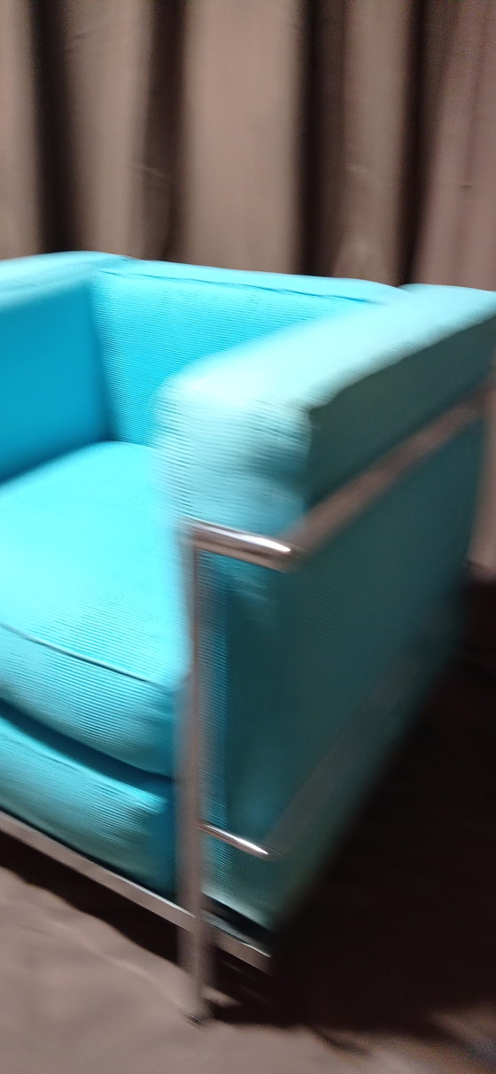 Image 1 of ALIVAR MVSEUM 2 set van 2 Celeste (Turquoise) Geribbeld Katoen LC 2 Fauteuils van Le Corbusier, P. Jeanneret, C. Perriand uit 19