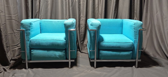 Image 1 of ALIVAR MVSEUM 2 set van 2 Celeste (Turquoise) Geribbeld Katoen LC 2 Fauteuils van Le Corbusier, P. Jeanneret, C. Perriand uit 19