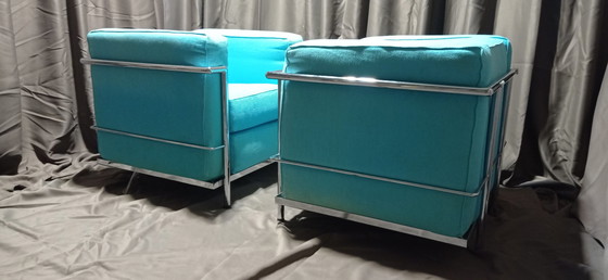 Image 1 of ALIVAR MVSEUM 2 set van 2 Celeste (Turquoise) Geribbeld Katoen LC 2 Fauteuils van Le Corbusier, P. Jeanneret, C. Perriand uit 19