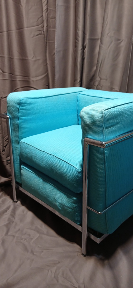 Image 1 of ALIVAR MVSEUM 2 set van 2 Celeste (Turquoise) Geribbeld Katoen LC 2 Fauteuils van Le Corbusier, P. Jeanneret, C. Perriand uit 19