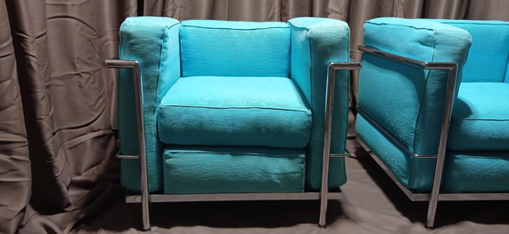 Image 1 of ALIVAR MVSEUM 2 set van 2 Celeste (Turquoise) Geribbeld Katoen LC 2 Fauteuils van Le Corbusier, P. Jeanneret, C. Perriand uit 19