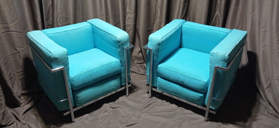 Image 1 of ALIVAR MVSEUM 2 set van 2 Celeste (Turquoise) Geribbeld Katoen LC 2 Fauteuils van Le Corbusier, P. Jeanneret, C. Perriand uit 19