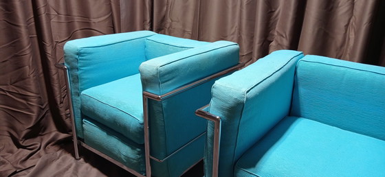 Image 1 of ALIVAR MVSEUM 2 set van 2 Celeste (Turquoise) Geribbeld Katoen LC 2 Fauteuils van Le Corbusier, P. Jeanneret, C. Perriand uit 19