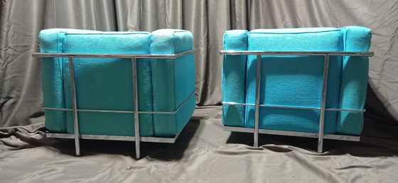 Image 1 of ALIVAR MVSEUM 2 set van 2 Celeste (Turquoise) Geribbeld Katoen LC 2 Fauteuils van Le Corbusier, P. Jeanneret, C. Perriand uit 19