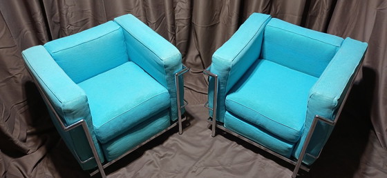 Image 1 of ALIVAR MVSEUM 2 set van 2 Celeste (Turquoise) Geribbeld Katoen LC 2 Fauteuils van Le Corbusier, P. Jeanneret, C. Perriand uit 19