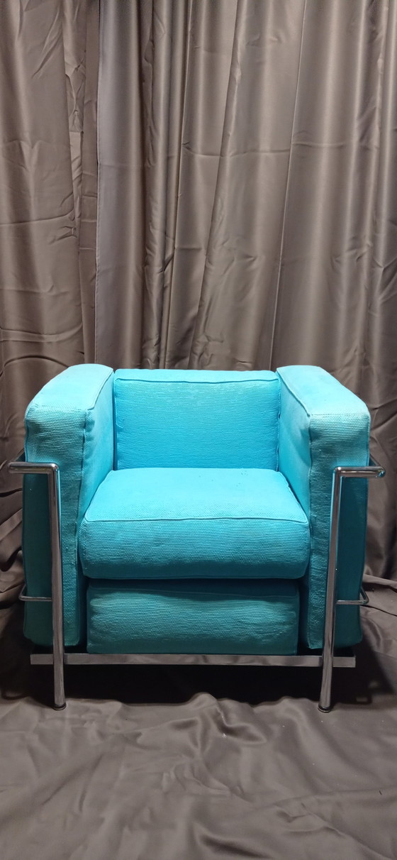 Image 1 of ALIVAR MVSEUM 2 set van 2 Celeste (Turquoise) Geribbeld Katoen LC 2 Fauteuils van Le Corbusier, P. Jeanneret, C. Perriand uit 19