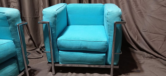 Image 1 of ALIVAR MVSEUM 2 set van 2 Celeste (Turquoise) Geribbeld Katoen LC 2 Fauteuils van Le Corbusier, P. Jeanneret, C. Perriand uit 19