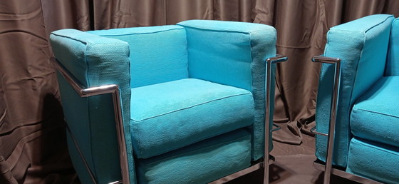 Image 1 of ALIVAR MVSEUM 2 set van 2 Celeste (Turquoise) Geribbeld Katoen LC 2 Fauteuils van Le Corbusier, P. Jeanneret, C. Perriand uit 19