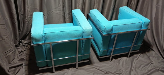 Image 1 of ALIVAR MVSEUM 2 set van 2 Celeste (Turquoise) Geribbeld Katoen LC 2 Fauteuils van Le Corbusier, P. Jeanneret, C. Perriand uit 19