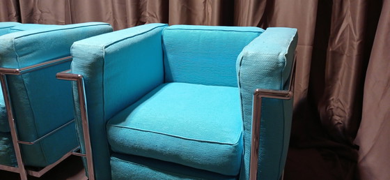 Image 1 of ALIVAR MVSEUM 2 set van 2 Celeste (Turquoise) Geribbeld Katoen LC 2 Fauteuils van Le Corbusier, P. Jeanneret, C. Perriand uit 19