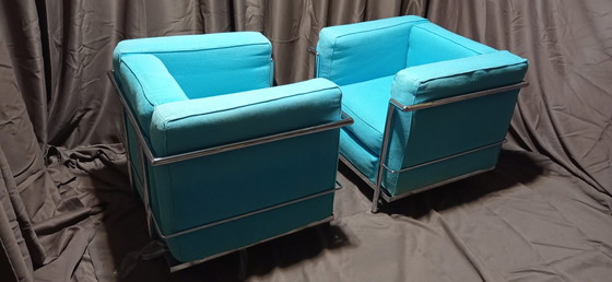 Image 1 of ALIVAR MVSEUM 2 set van 2 Celeste (Turquoise) Geribbeld Katoen LC 2 Fauteuils van Le Corbusier, P. Jeanneret, C. Perriand uit 19