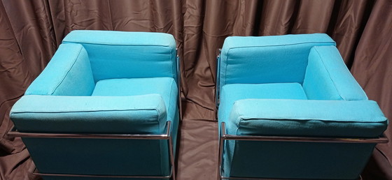 Image 1 of ALIVAR MVSEUM 2 set van 2 Celeste (Turquoise) Geribbeld Katoen LC 2 Fauteuils van Le Corbusier, P. Jeanneret, C. Perriand uit 19