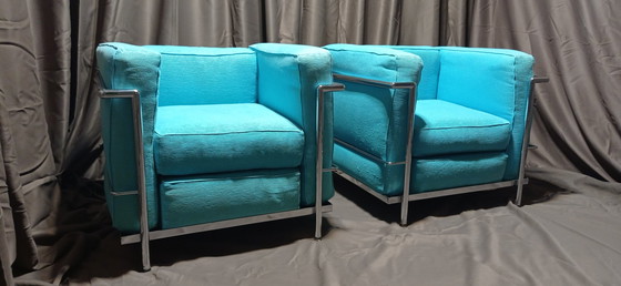 Image 1 of ALIVAR MVSEUM 2 set van 2 Celeste (Turquoise) Geribbeld Katoen LC 2 Fauteuils van Le Corbusier, P. Jeanneret, C. Perriand uit 19