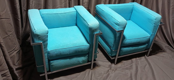 Image 1 of ALIVAR MVSEUM 2 set van 2 Celeste (Turquoise) Geribbeld Katoen LC 2 Fauteuils van Le Corbusier, P. Jeanneret, C. Perriand uit 19