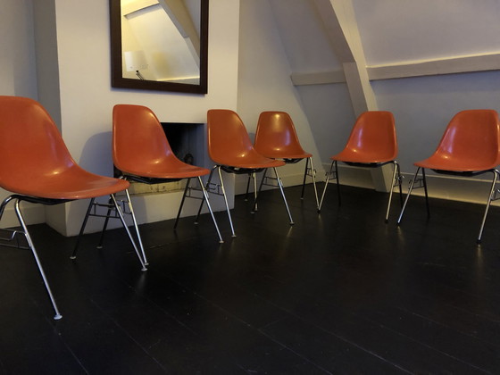 Image 1 of 6x Herman Miller Glasvezel DSS stapelstoelen van Ray & Charles Eames