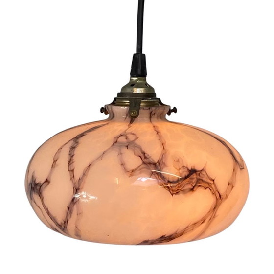 Image 1 of Art Deco - Hangende hanglamp - Plafondarmatuur - Rond met een open onder- en bovenkant - Roze gemarmerd patroon