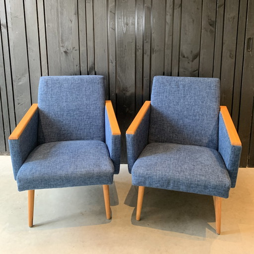 2x retro blauwe design fauteuils