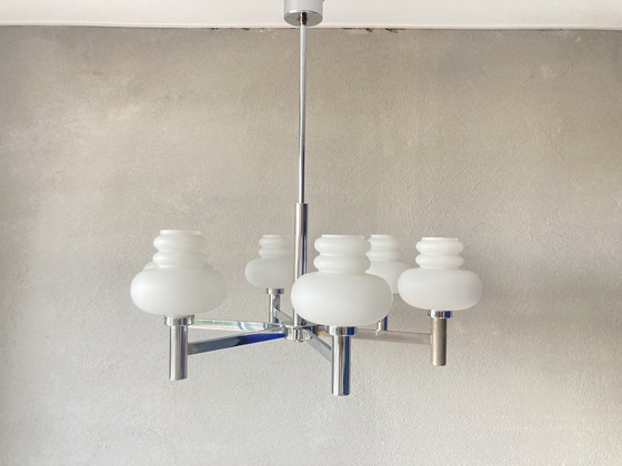 Image 1 of Design chrome hanging lamp opaline glass