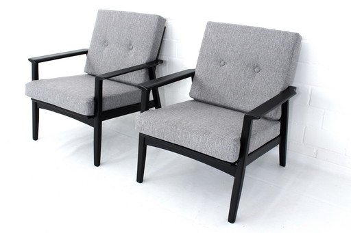 as new! 2x Mid Century Danish Lounge Armchairs, 1960s, new cover + cushions