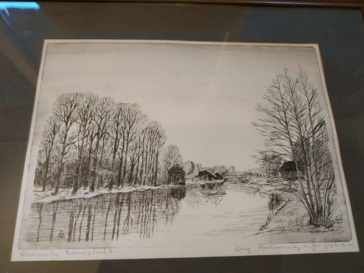 Hans Willi Koch, 1976, Etching of a German River landscape somewhere on the Rhine River