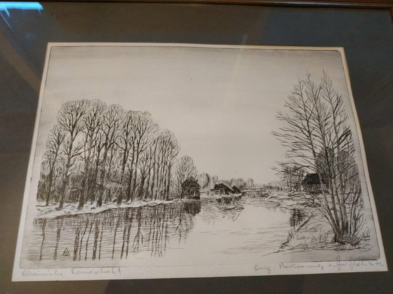 Image 1 of Hans Willi Koch, 1976, Gravure d'un paysage fluvial allemand quelque part sur le Rhin