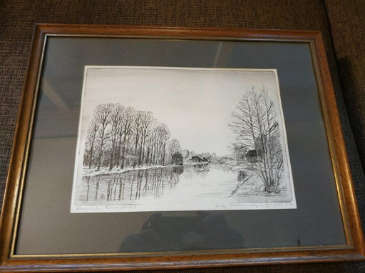 Hans Willi Koch, 1976, Etching of a German river landscape somewhere on the Rhine