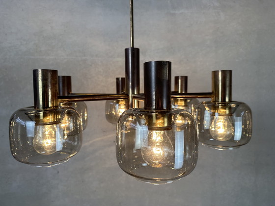 Image 1 of Lampada a sospensione vintage - vetro fumé e ottone