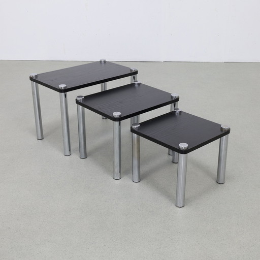 Nesting Tables in Chrome and Wood, set/3