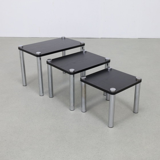 Image 1 of Nesting Tables in Chrome and Wood, set/3