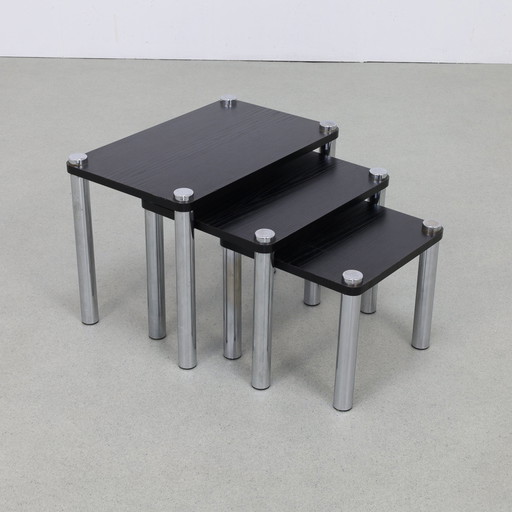 Nesting Tables in Chrome and Wood, set/3