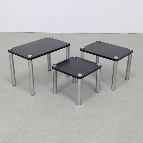 Image 1 of Nesting Tables in Chrome and Wood, set/3