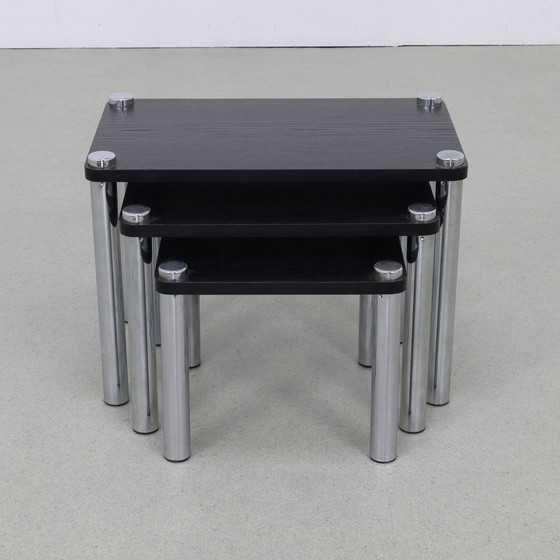 Image 1 of Nesting Tables in Chrome and Wood, set/3