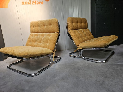 2x tubular frame armchairs, ocher yellow, reupholstered