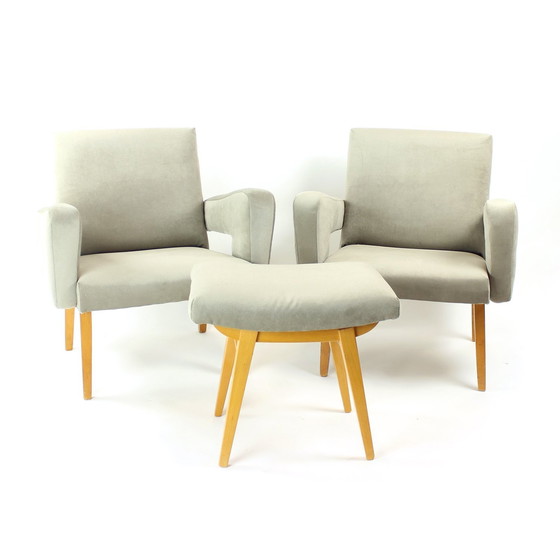 Image 1 of Set of Two Midcentury Armchairs with Stool, Czechoslovakia 1960s
