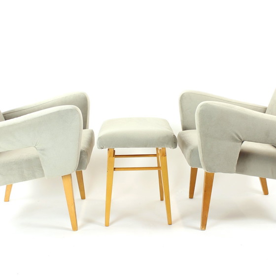 Image 1 of Set of Two Midcentury Armchairs with Stool, Czechoslovakia 1960s