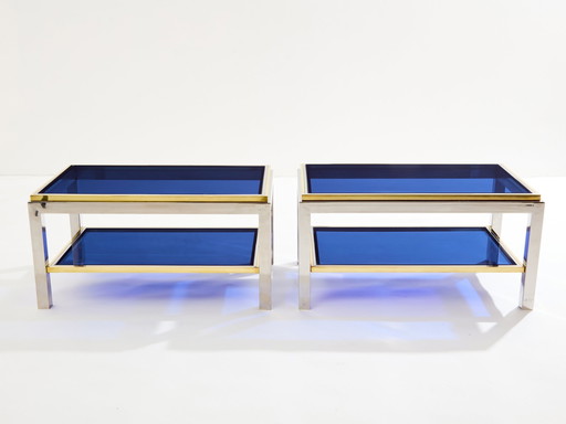 Pair Of Two-Tier Brass Chrome Side Tables Willy Rizzo Flaminia 1970S