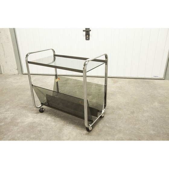 Image 1 of Vintage Echts Kristall Spiegelglas Parsol serving table in smoked glass and chrome, 1980s