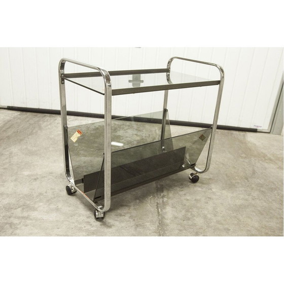 Image 1 of Vintage Echts Kristall Spiegelglas Parsol serving table in smoked glass and chrome, 1980s