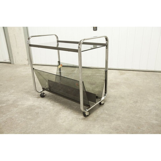 Image 1 of Vintage Echts Kristall Spiegelglas Parsol serving table in smoked glass and chrome, 1980s