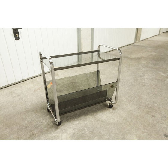 Image 1 of Vintage Echts Kristall Spiegelglas Parsol serving table in smoked glass and chrome, 1980s