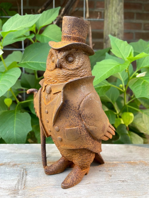 Owl In Costume With Walking Stick And Hat Cast Iron Statue