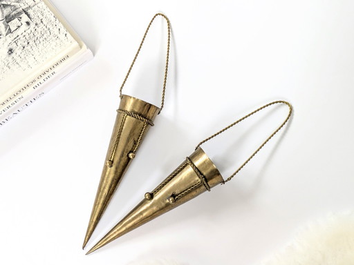 Pair Wall Vase | Hanging Brass Cones | 1960'S