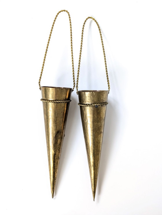 Image 1 of Pair Wall Vase | Hanging Brass Cones | 1960'S