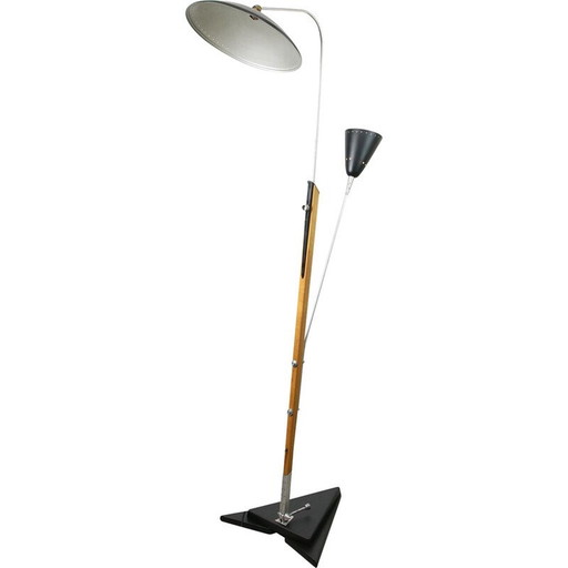 Vintage aluminum and wood floor lamp with reflector, Italy