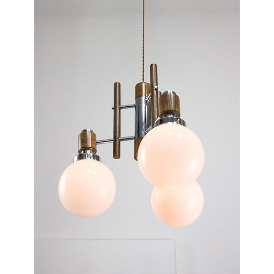 Image 1 of Vintage chrome and opaline glass chandelier, 1960