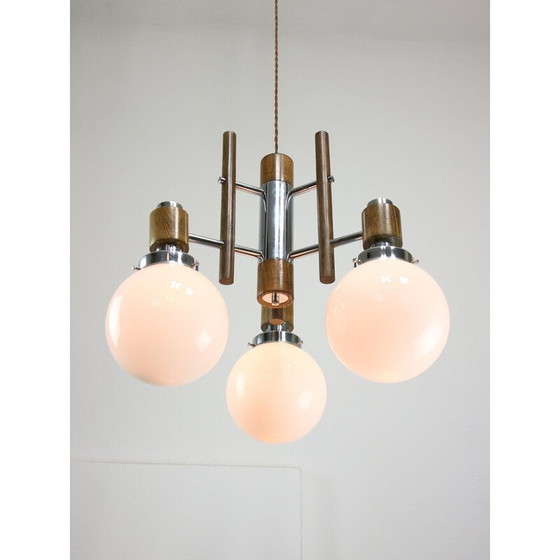 Image 1 of Vintage chrome and opaline glass chandelier, 1960