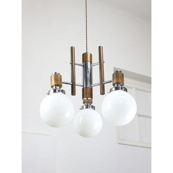 Image 1 of Vintage chrome and opaline glass chandelier, 1960